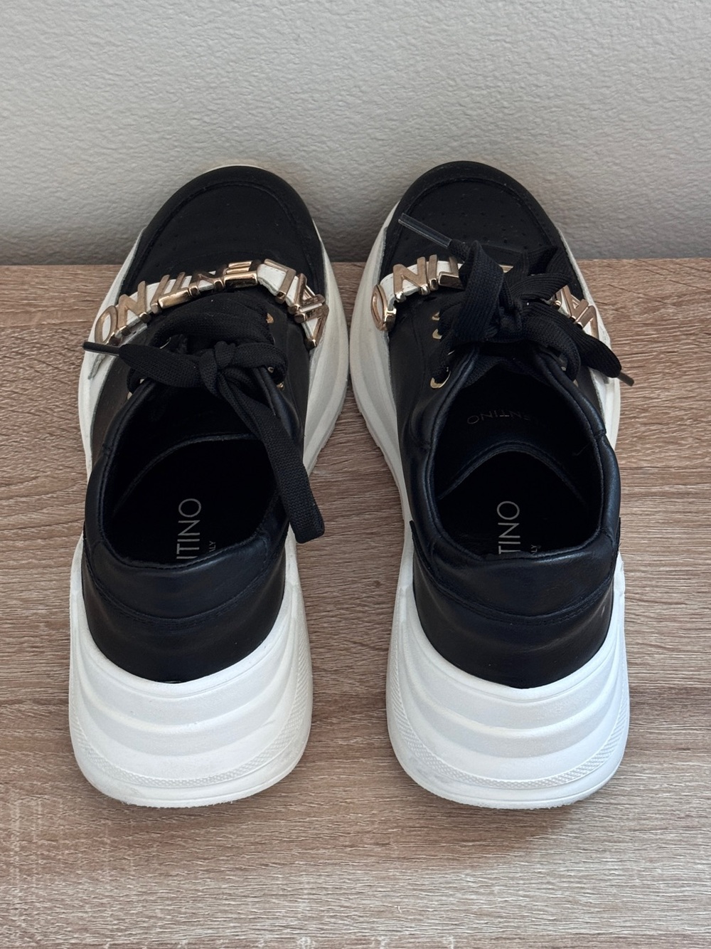 Valentino Black Leather Sneakers with Gold Logo Strap Size 38 - Picture 3 of 5